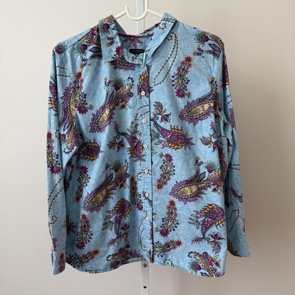 Talbots Cotton Coastal Grandmacore Paisley Long Sleeve Button Shirt Petite Blue